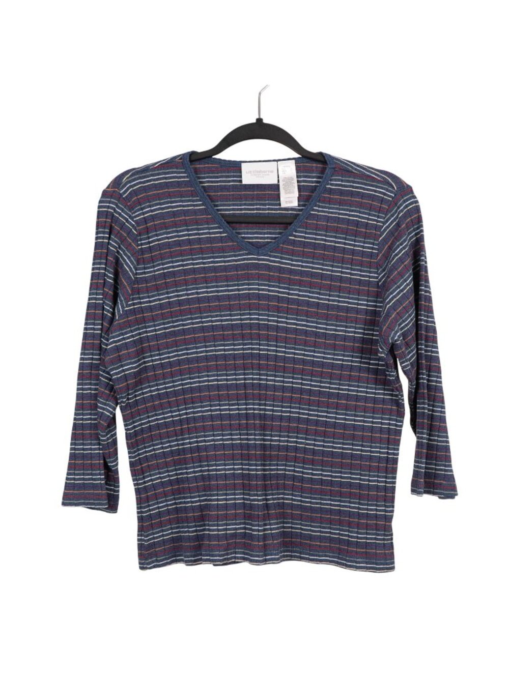 Liz Claiborne Striped Sweater L Petite Y2K Blue VNeck Stretch Ribbed Cotton
